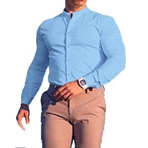 Close-up of light blue slim-fit men shirt with mandarin collar and button details