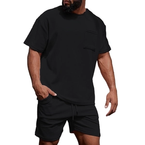 Men's black corduroy texture short sleeve T-shirt and shorts casual two-piece summer set