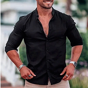 Detail of slim fit black shirt featuring mandarin collar and button closure on sleeve