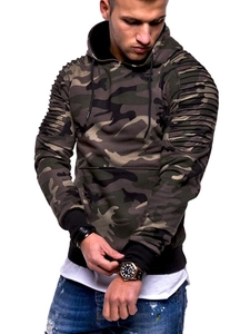 Detail view of men's camouflage hoodie featuring pleated sleeves and ribbed cuffs