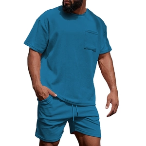 Men's corduroy short sleeve t-shirt and shorts set in deep teal with chest pocket