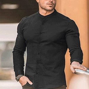 Close-up of slim fit black button-down shirt with stand collar and textured fabric