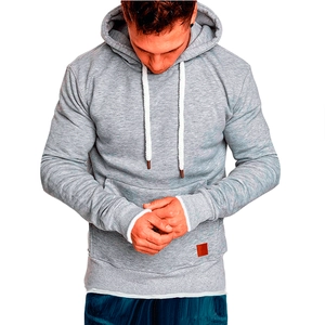 Men's light grey hooded sweatshirt with kangaroo pocket and ribbed hem for workout