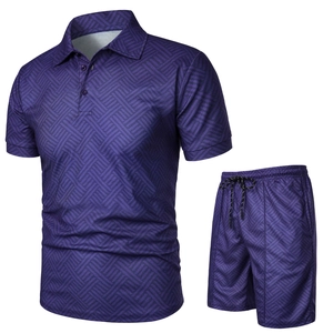 Close-up of purple men's Polo set showing detailed geometric texture and 3D fabric pattern