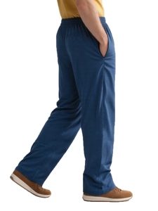 Détail du pantalon de soins bleu marine avec taille élastique et poches pour personnes âgées