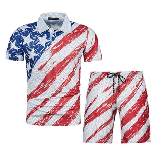 Detailed view of the 3D American flag print and fabric texture on men's Polo set