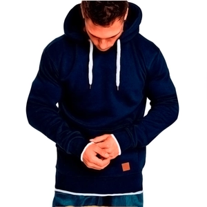Men's navy training hoodie with white drawstring hood and layered hem detailing