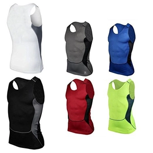 Detail of compression sports tanks in six colors showing muscle contour and quick-dry fabric