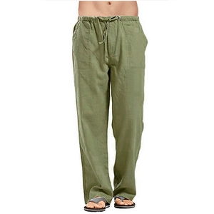 Men's breathable olive green cotton linen loose fit wide leg casual pants with drawstring