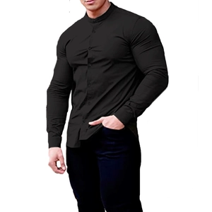 Detail of men's slim fit stand collar black shirt featuring classic buttoned placket