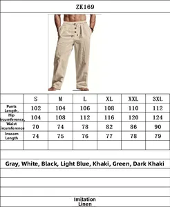 Detailed size guide table for men's linen drawstring pants from S to 3XL sizing
