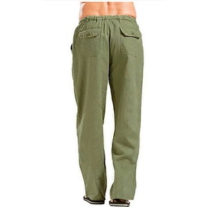 Detail view of army green cotton linen pants showing elastic waist and back flap pockets