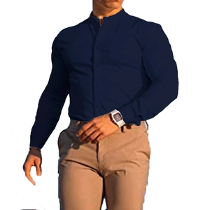 Slim fit dark blue men's long sleeve shirt with mandarin collar and button detail