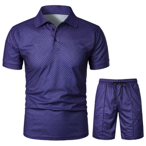 Detail of dark purple men's polo set featuring geometric texture and elastic drawstring waist