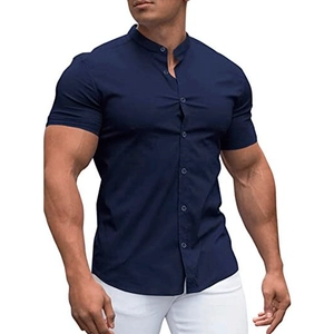 Detail of slim fit men's navy blue shirt featuring a mandarin collar and vertical buttons