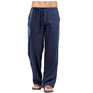 Detail view of dark blue linen wide-leg pants with elastic drawstring waist for men