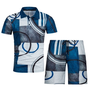 Detail of 3D geometric pattern on men's summer polo shirt and matching drawstring shorts