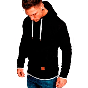 Men Casual Sport Hoodie Long Sleeve Spliced Hem Pullover Sweatshirt With Kangaroo Pocket Drawstring Training Workout Top