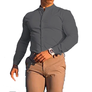 Slim fit dark grey long sleeve band collar shirt with front buttons for men