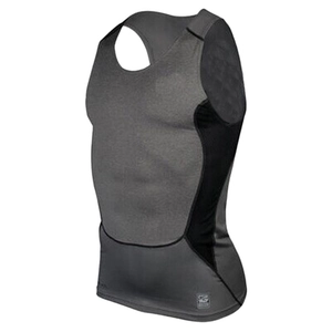 Close-up of men's athletic compression vest featuring grey fabric and black breathable mesh