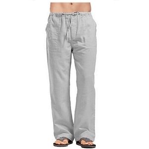 Detail of light grey cotton linen trousers showing elastic drawstring waist and texture
