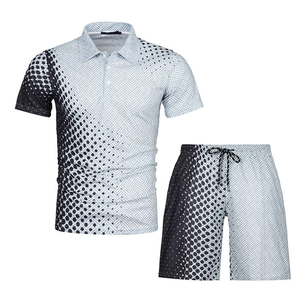Detail of men's polo shirt set with geometric grid texture and gradient halftone dots