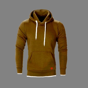 Detailed close-up of olive green hoodie with white drawstrings and layered hem design