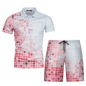 Close-up of men's polo set with red gradient 3D geometric print and drawstring waist