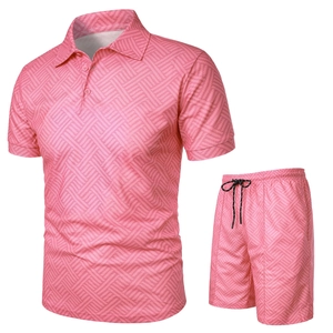 Detail of pink summer Polo shirt set featuring geometric texture and drawstring shorts