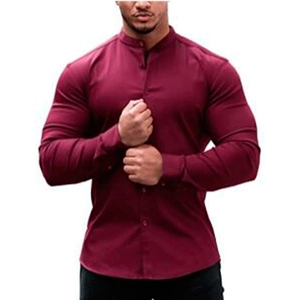 Close-up of slim fit burgundy long sleeve shirt with stand collar and buttoned cuffs