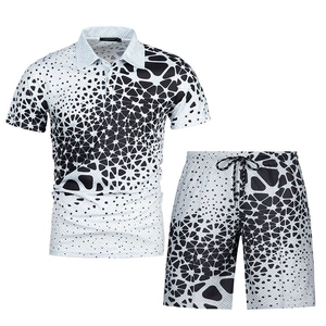 Detail of men's polo set with black and white 3D geometric honeycomb texture and drawstrings