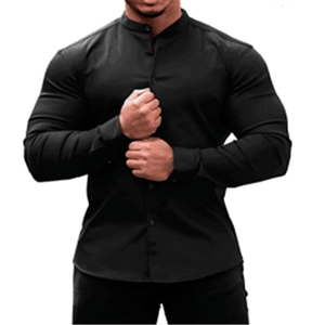 Detail of slim fit black men's long sleeve shirt with stand-up collar and button closure