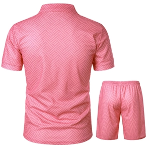 Detail view of pink men's polo set with geometric 3D textured fabric and back perspective