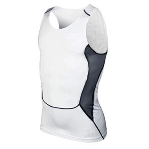 Detail of white compression sports vest with grey mesh side panels for breathability