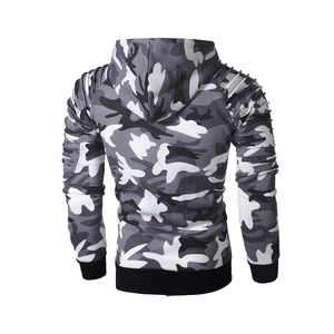 Rear view of camouflage hoodie featuring pleated raglan sleeves and ribbed cuffs