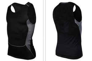 Detail view of men's athletic compression vest with gray side breathable mesh panels
