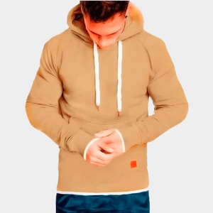 Close-up of khaki hoodie featuring white drawstrings and red patch on a layered hem