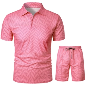Detail view of pink 3D geometric texture on men's summer polo shirt and matching shorts