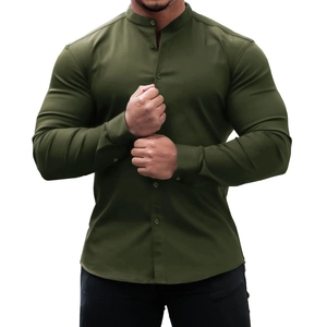 Detail of army green slim fit shirt with stand collar and textured buttons