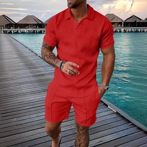 Men's summer red polo shirt and shorts set with 3D geometric texture for seaside vacation