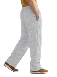 Vue latérale du pantalon de soin en tricot gris clair avec taille élastique pour patients