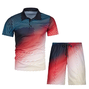 Men's summer casual polo shirt and shorts set with red and blue gradient 3D dot print