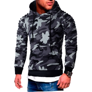 Men's Casual Camouflage Pullover Hoodie Streetwear Pleated Ribbed Long Sleeve Hooded Sweatshirt Cotton Blend Warm Hoodies
