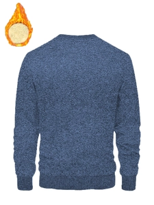 Detail view of the heavy textured knit and warm fleece lining on this men's blue jacket