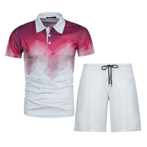 Close-up of men's summer Polo set showing red gradient 3D geometric knit textures