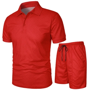 Detailed close-up of vibrant red textured fabric on 3D men's polo shirt and shorts set