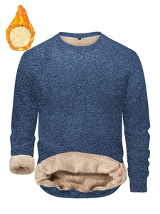 Detail view of navy stand-collar sweatshirt featuring thick brown fleece lining and knitting