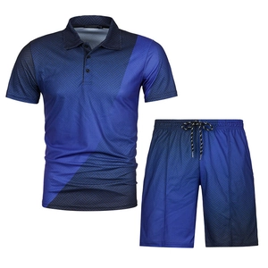 Detail of navy polo set with geometric 3D print, button collar, and drawstring shorts