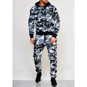 Men's camouflage sports set featuring grey and black sublimation hooded sweatshirt and joggers