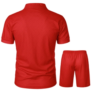 Detailed back view of red men's Polo set with breathable geometric jacquard texture
